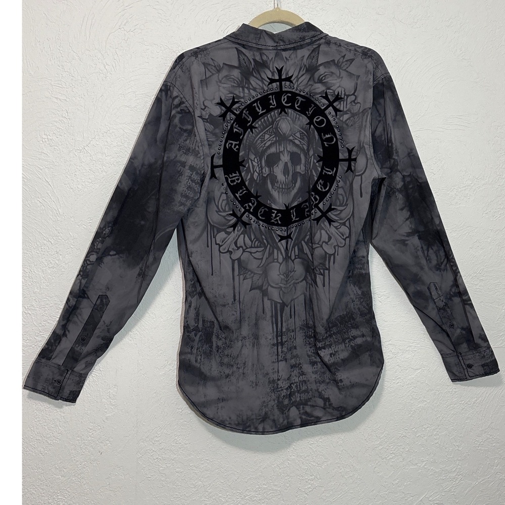 Affliction Black Label -‎ Grey Acid Wash Skull Graphic Button Down Shirt Medium - Picture 2 of 11